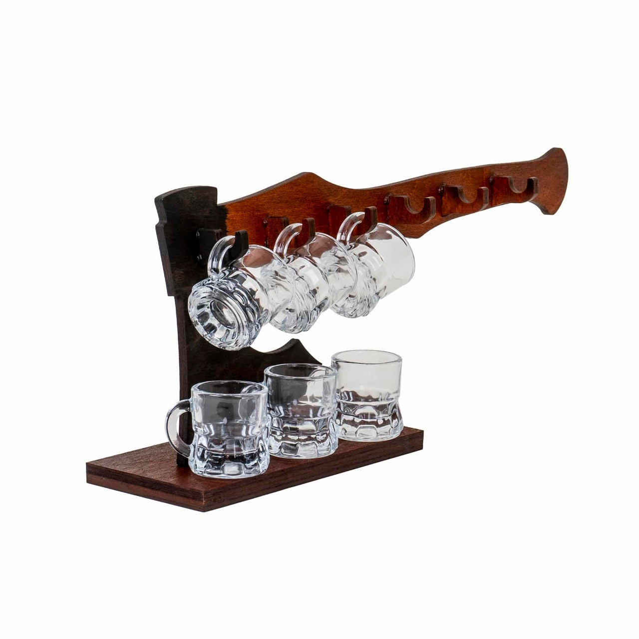 Suport lemn in forma de barda cu 6 pahare pentru tarie, rustic si original