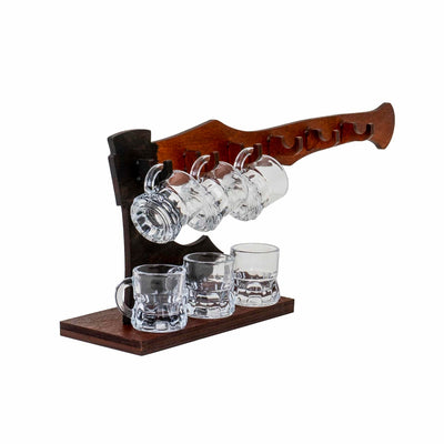 Suport lemn in forma de barda cu 6 pahare pentru tarie, rustic si original