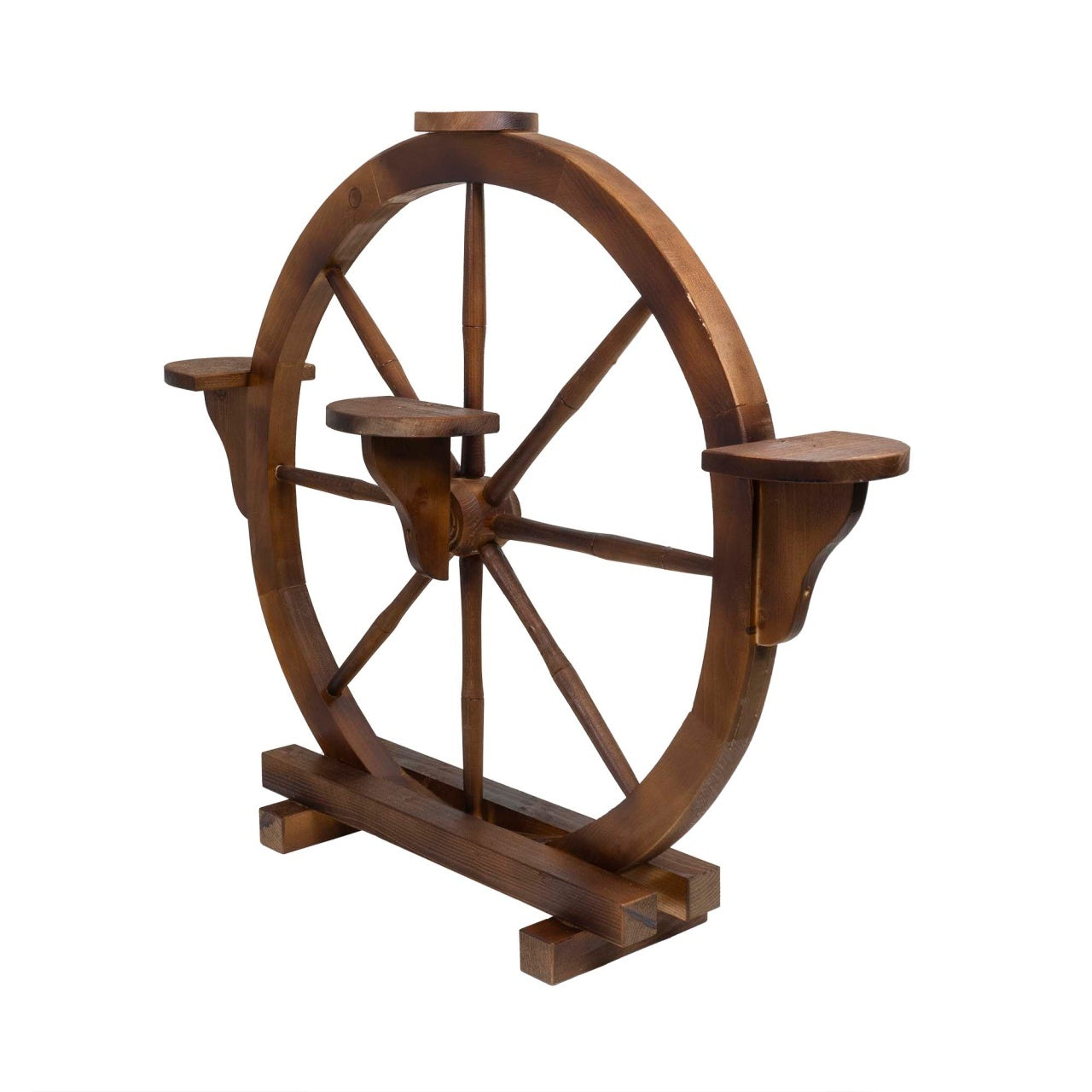 Suport lemn pentru 4 flori, model roata maro, 104x83 cm, rezistent la intemperii