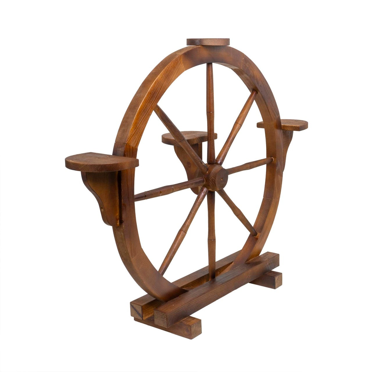 Suport lemn pentru 4 flori, model roata maro, 104x83 cm, rezistent la intemperii