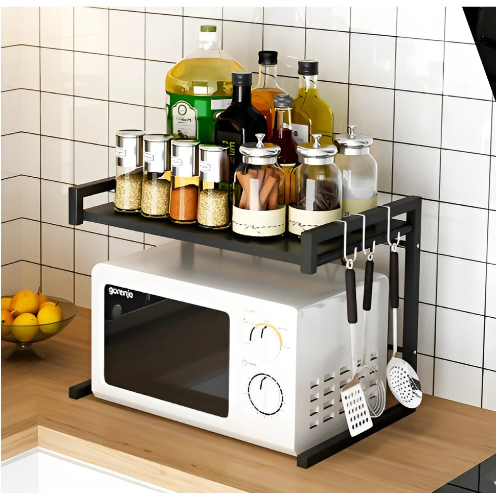 Suport metalic extensibil pentru cuptor cu microunde, organizator bucatarie, depozitare, multifunctional, dimensiuni 41-63 x 36 x 42 cm, negru