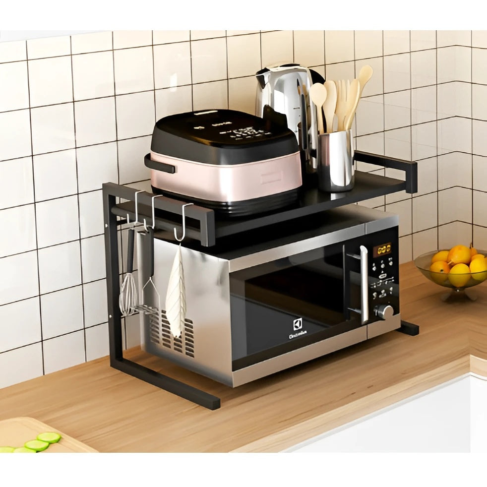 Suport metalic extensibil pentru cuptor cu microunde, organizator bucatarie, depozitare, multifunctional, dimensiuni 41-63 x 36 x 42 cm, negru