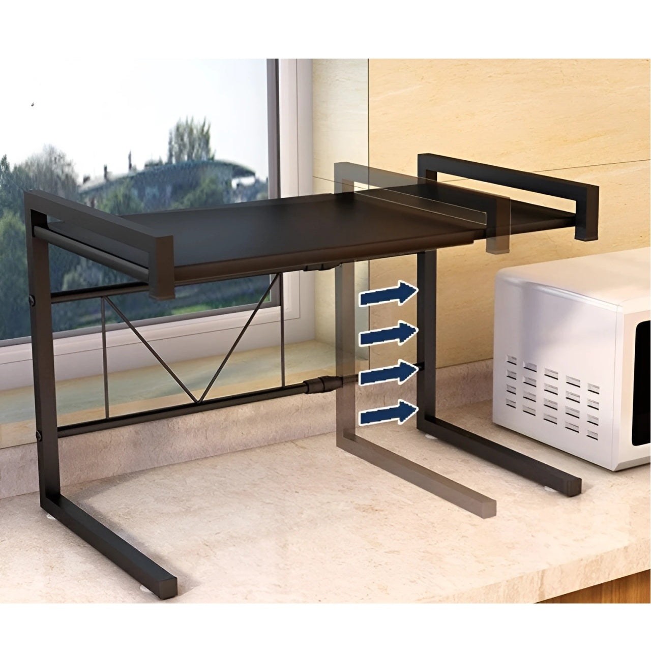 Suport metalic extensibil pentru cuptor cu microunde, organizator bucatarie, depozitare, multifunctional, dimensiuni 41-63 x 36 x 42 cm, negru