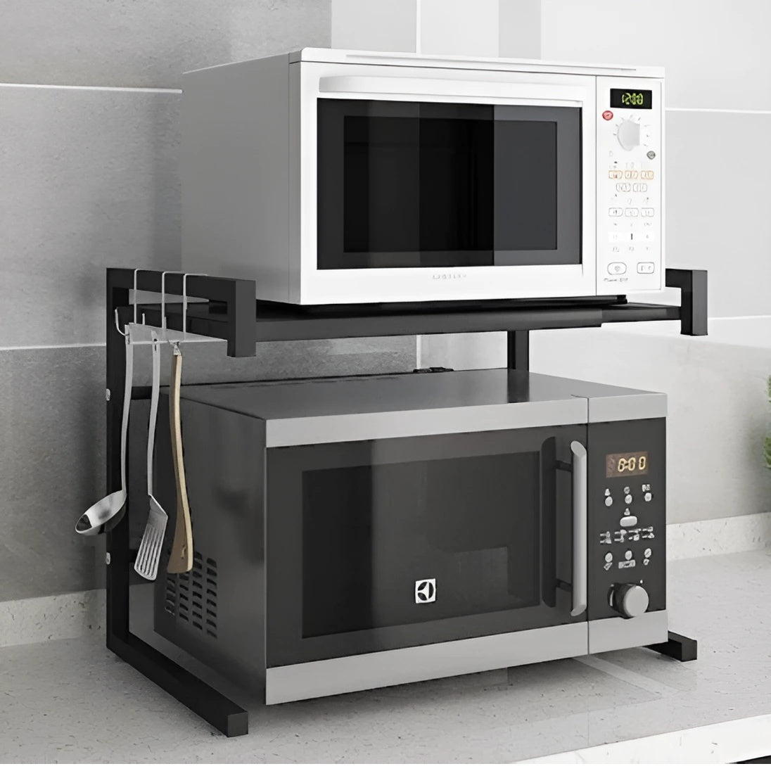 Suport metalic extensibil pentru cuptor cu microunde, organizator bucatarie, depozitare, multifunctional, dimensiuni 41-63 x 36 x 42 cm, negru