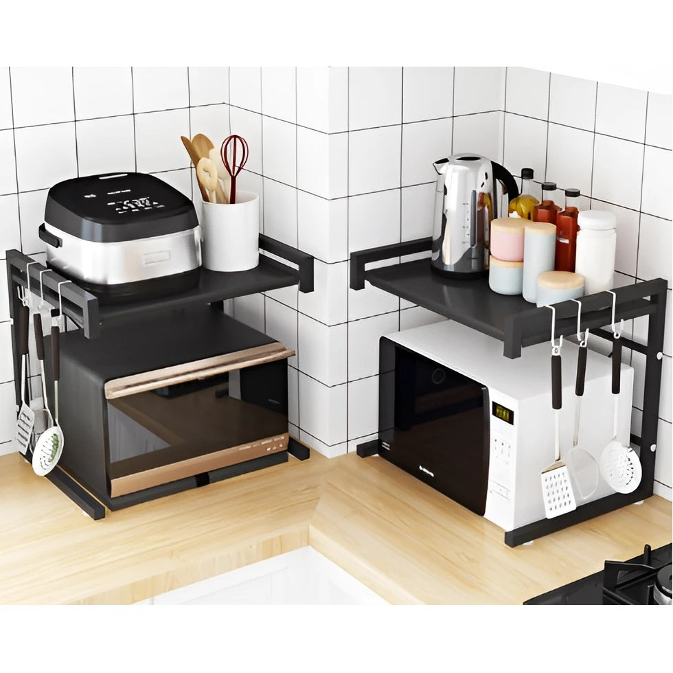 Suport metalic extensibil pentru cuptor cu microunde, organizator bucatarie, depozitare, multifunctional, dimensiuni 41-63 x 36 x 42 cm, negru