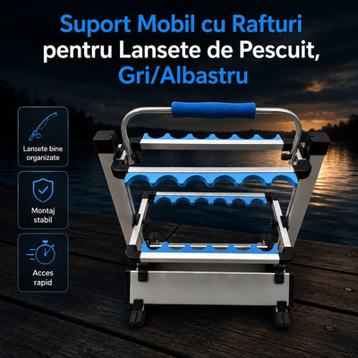 Suport Mobil cu Rafturi pentru Lansete de Pescuit, Gri/Albastru – imagine principală promoțională