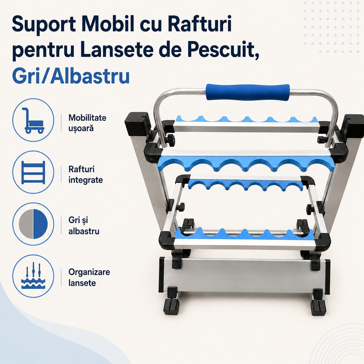 Suport Mobil cu Rafturi pentru Lansete de Pescuit, Gri/Albastru – caracteristici