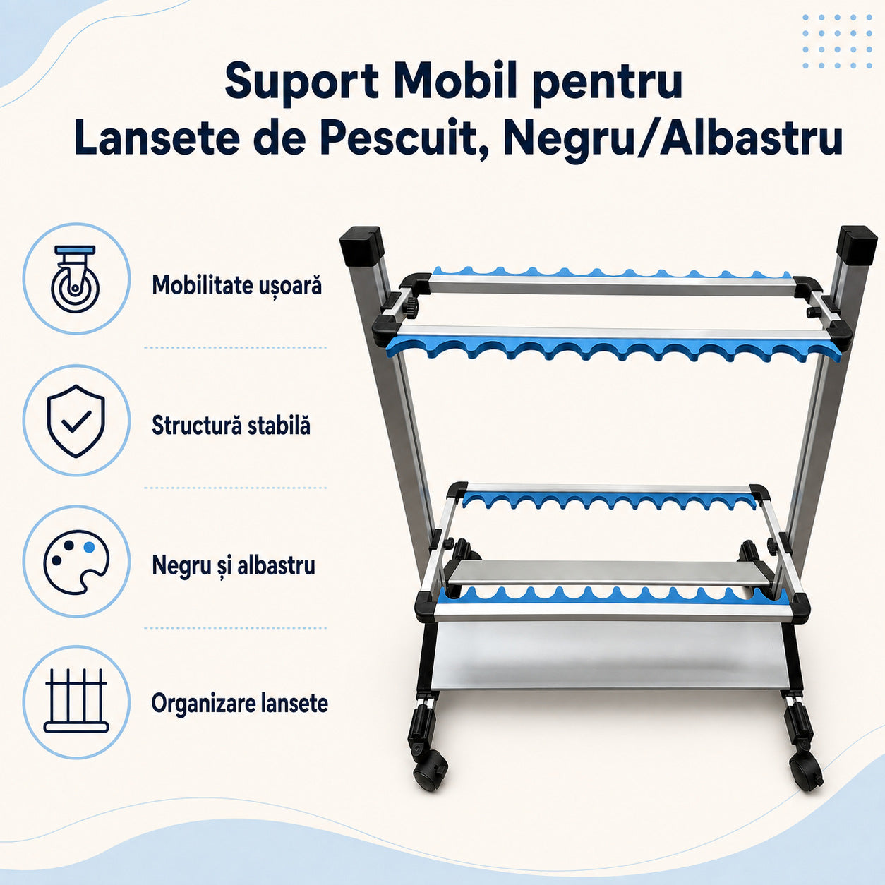 Suport Mobil pentru Lansete de Pescuit, Negru/Albastru – caracteristici