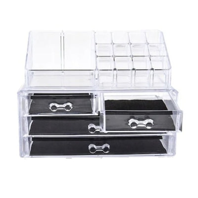 Suport Organizator Transparent FOXMAG24 pentru Cosmetice si Bijuterii, 16 Compartimente, 4 Sertare, Alb
