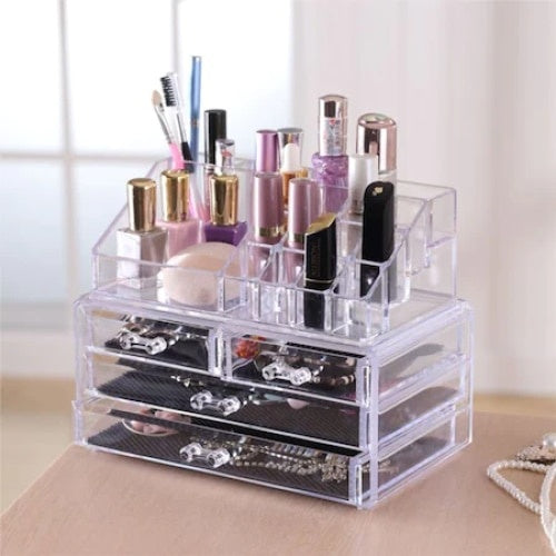 Suport Organizator Transparent FOXMAG24 pentru Cosmetice si Bijuterii, 16 Compartimente, 4 Sertare, Alb