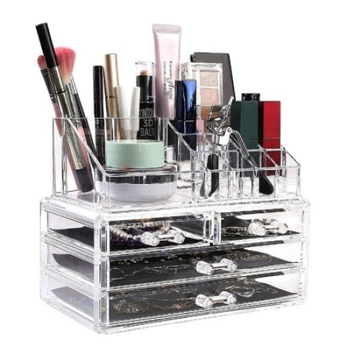 Suport Organizator Transparent FOXMAG24 pentru Cosmetice si Bijuterii, 16 Compartimente, 4 Sertare, Alb