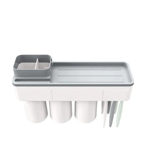 Suport pentr 6 periute de dinti, cu 3 pahare si suport telefon mobil, magnetic, din plastic, alb/gri