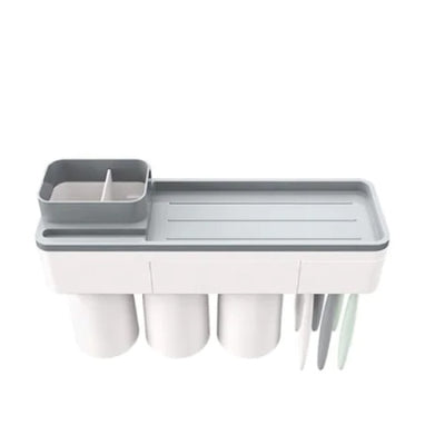Suport pentr 6 periute de dinti, cu 3 pahare si suport telefon mobil, magnetic, din plastic, alb/gri