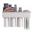 Suport pentr 6 periute de dinti, cu 3 pahare si suport telefon mobil, magnetic, din plastic, alb/gri