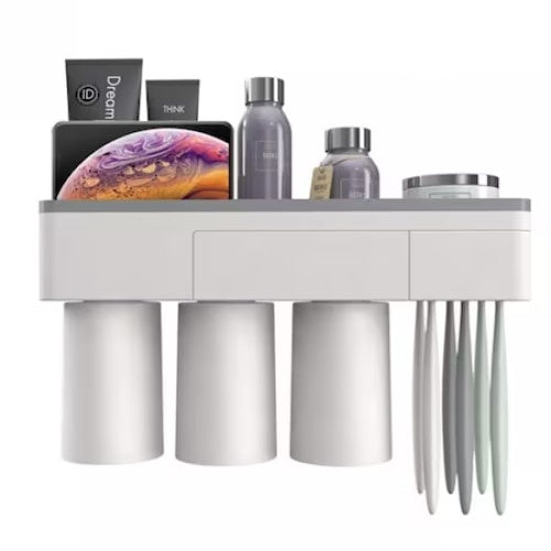 Suport pentr 6 periute de dinti, cu 3 pahare si suport telefon mobil, magnetic, din plastic, alb/gri