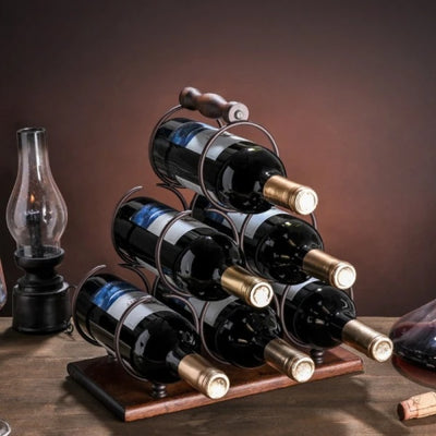 Suport pentru 6 sticle de vin, cu design modern, din lemn natural si otel, dimensiuni 32,5x16x30 cm, maro