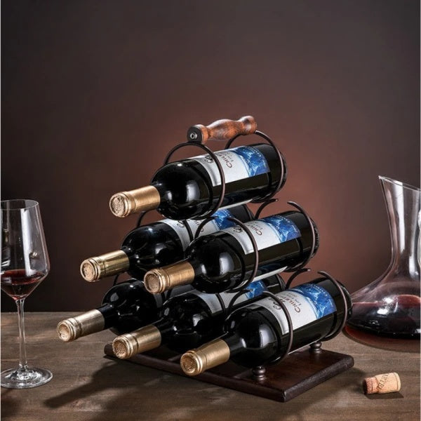 Suport pentru 6 sticle de vin, cu design modern, din lemn natural si otel, dimensiuni 32,5x16x30 cm, maro