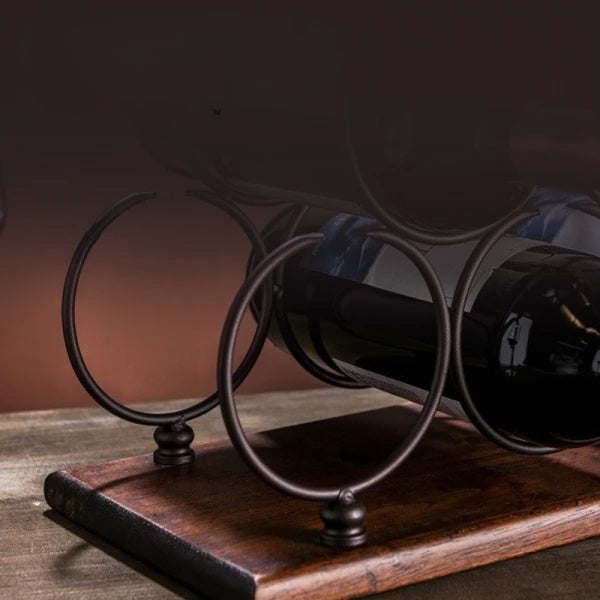 Suport pentru 6 sticle de vin, cu design modern, din lemn natural si otel, dimensiuni 32,5x16x30 cm, maro