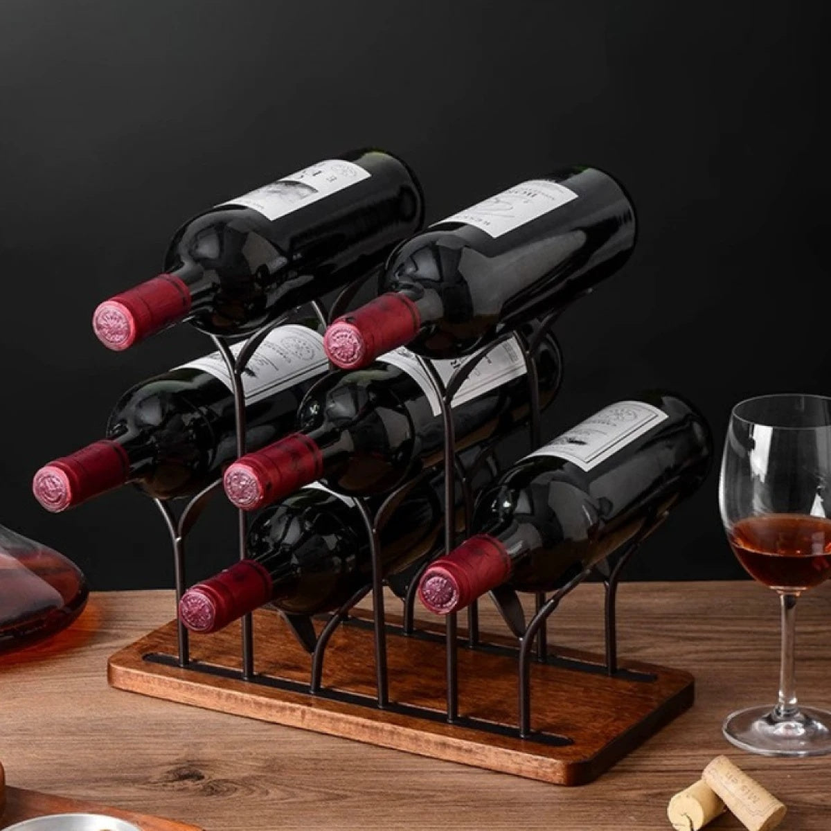 Suport pentru 6 sticle de vin, design modern, din lemn natural si otel, dimensiuni 26 x 16 x 34 cm, maro