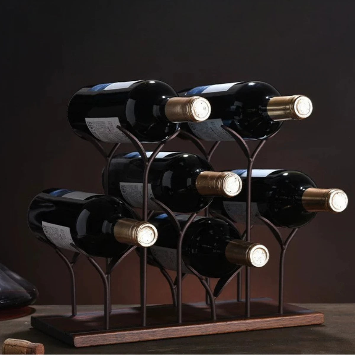 Suport pentru 6 sticle de vin, design modern, din lemn natural si otel, dimensiuni 26 x 16 x 34 cm, maro