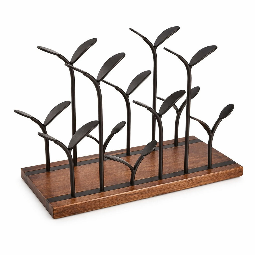 Suport pentru 6 sticle de vin, design modern, din lemn natural si otel, dimensiuni 26 x 16 x 34 cm, maro
