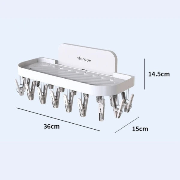 Suport pentru baie, cu 17 cleme, autoadeziv, din ABS, pliabil, dimensiuni 36 x 15 x 14.5 cm, alb
