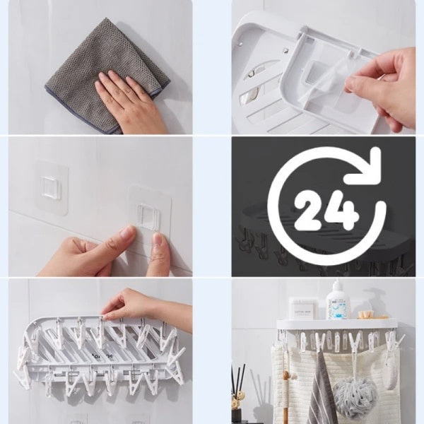 Suport pentru baie, cu 17 cleme, autoadeziv, din ABS, pliabil, dimensiuni 36 x 15 x 14.5 cm, alb