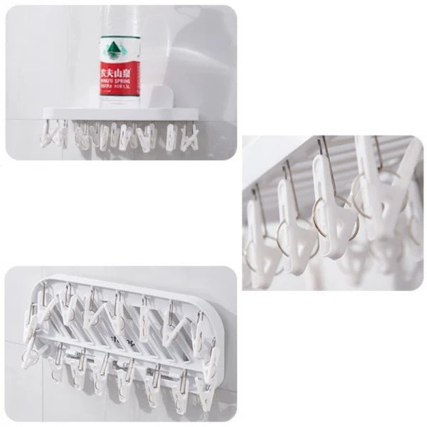 Suport pentru baie, cu 17 cleme, autoadeziv, din ABS, pliabil, dimensiuni 36 x 15 x 14.5 cm, alb