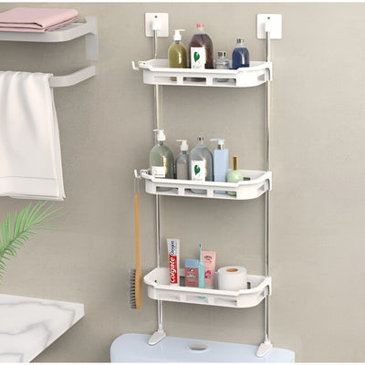 Suport pentru baie cu 3 rafturi, dimensiuni 30 x 14 x 88 cm, din metal si plastic, cu ventuze, pentru organizare eficienta, alb