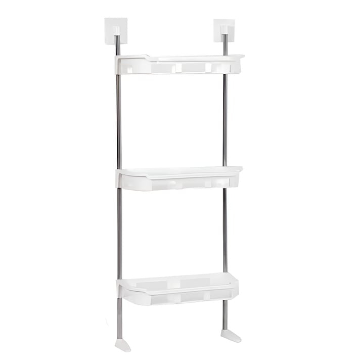 Suport pentru baie cu 3 rafturi, dimensiuni 30 x 14 x 88 cm, din metal si plastic, cu ventuze, pentru organizare eficienta, alb