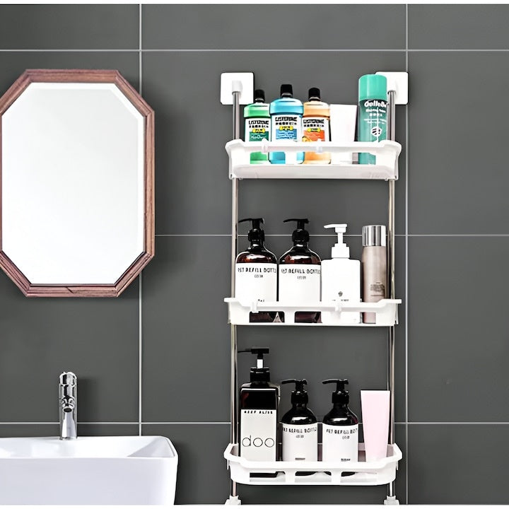 Suport pentru baie cu 3 rafturi, dimensiuni 30 x 14 x 88 cm, din metal si plastic, cu ventuze, pentru organizare eficienta, alb