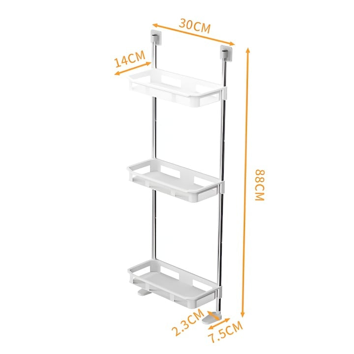 Suport pentru baie cu 3 rafturi, dimensiuni 30 x 14 x 88 cm, din metal si plastic, cu ventuze, pentru organizare eficienta, alb