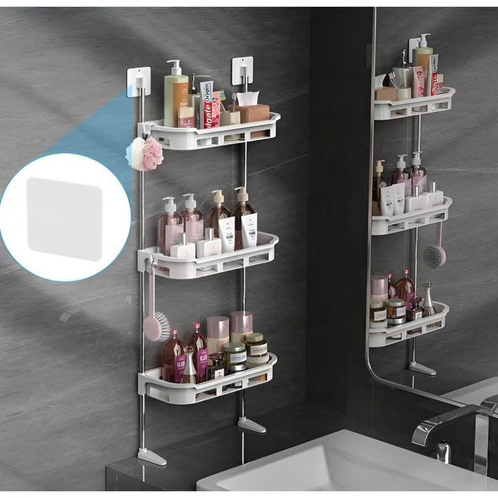 Suport pentru baie cu 3 rafturi, dimensiuni 30 x 14 x 88 cm, din metal si plastic, cu ventuze, pentru organizare eficienta, alb
