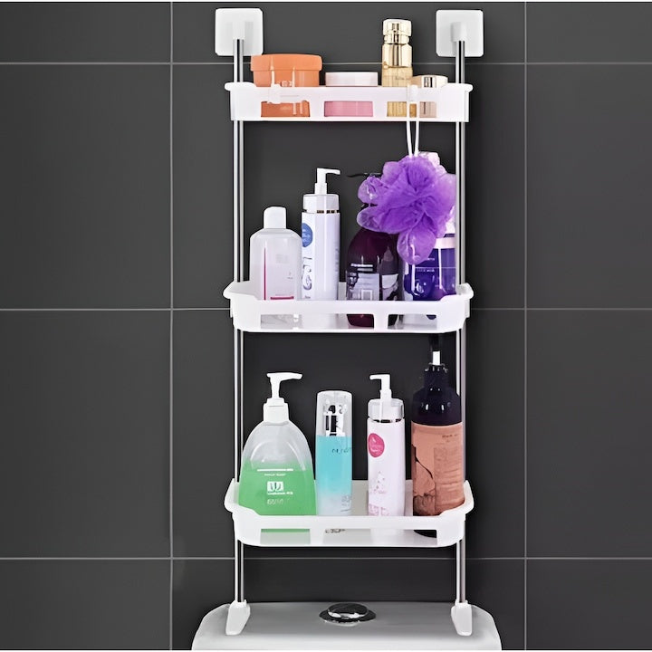 Suport pentru baie cu 3 rafturi, dimensiuni 30 x 14 x 88 cm, din metal si plastic, cu ventuze, pentru organizare eficienta, alb