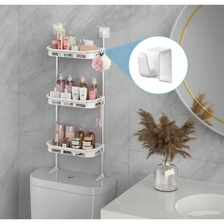 Suport pentru baie cu 3 rafturi, dimensiuni 30 x 14 x 88 cm, din metal si plastic, cu ventuze, pentru organizare eficienta, alb