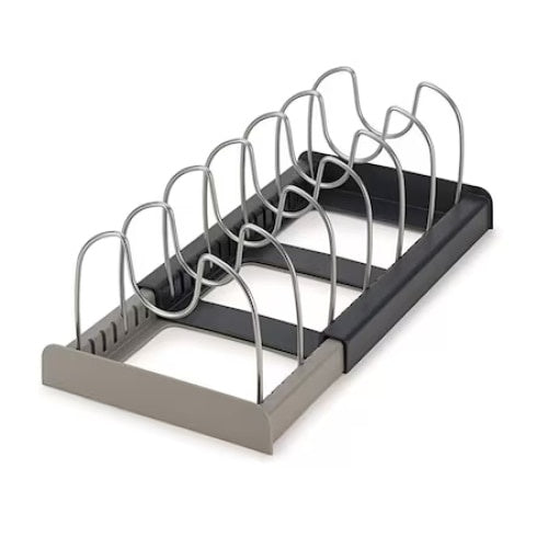 Suport pentru capace/oale, cu 7 separatoare, din metal/plastic, dimensiuni reglabile, negru/gri