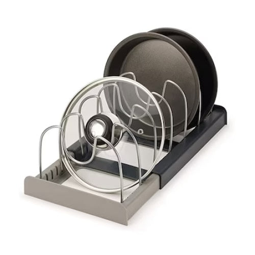 Suport pentru capace/oale, cu 7 separatoare, din metal/plastic, dimensiuni reglabile, negru/gri