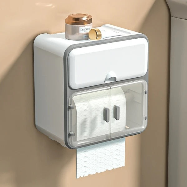 Suport pentru hartie igienica, autoadeziv, dimensiuni 22.5 x 14.5 x 23.5 cm, cu raft de sustinere pentru telefonul mobil, alb