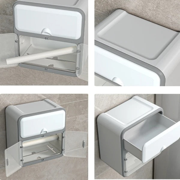 Suport pentru hartie igienica, autoadeziv, dimensiuni 22.5 x 14.5 x 23.5 cm, cu raft de sustinere pentru telefonul mobil, alb