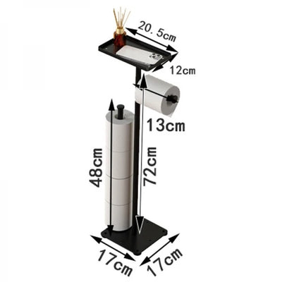 Suport pentru hartie igienica, metalic, inaltime 72cm, cu polita pentru accesorii, 2 spatii de stocare hartie igienica, negru