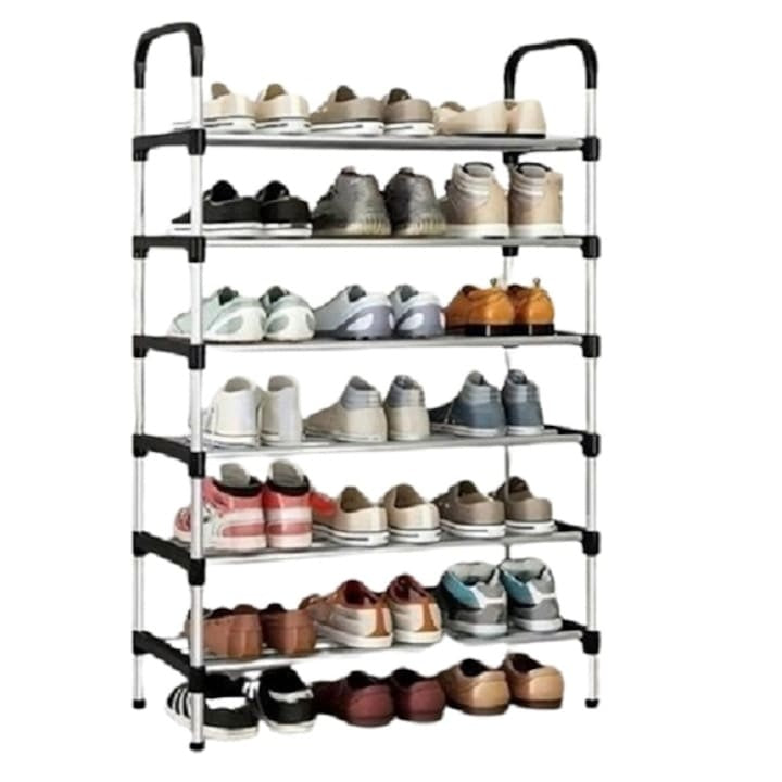 Suport pentru pantofi, cu 6 rafturi, din metal si ABS, instalare usoara, pentru hol, balcon, living, robusta si durabila, argintiu/negru