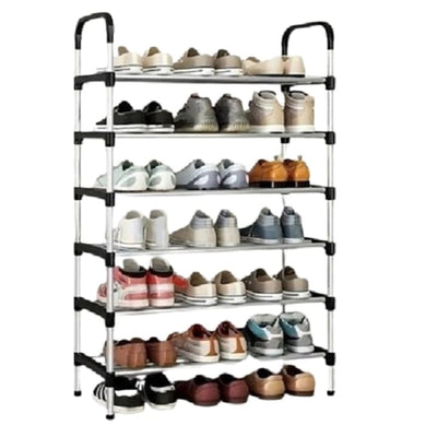 Suport pentru pantofi, cu 6 rafturi, din metal si ABS, instalare usoara, pentru hol, balcon, living, robusta si durabila, argintiu/negru