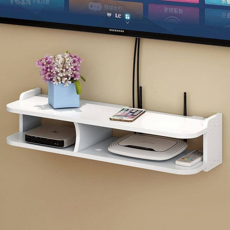 Suport pentru router si accesorii, dimensiuni 50 x 20 cm, cu 2 compartimente, montare pe perete, din PVC, finisaj mat, alb