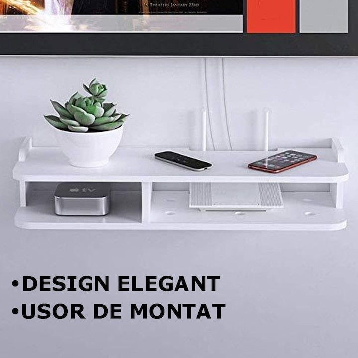 Suport pentru router si accesorii, dimensiuni 50 x 20 cm, cu 2 compartimente, montare pe perete, din PVC, finisaj mat, alb