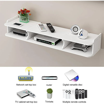 Suport pentru router si accesorii, dimensiuni 60 x 20 cm, cu 3 compartimente, montare pe perete, din PVC, finisaj mat, alb