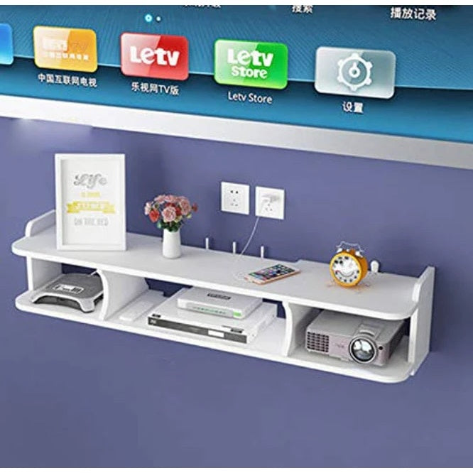 Suport pentru router si accesorii, dimensiuni 60 x 20 cm, cu 3 compartimente, montare pe perete, din PVC, finisaj mat, alb