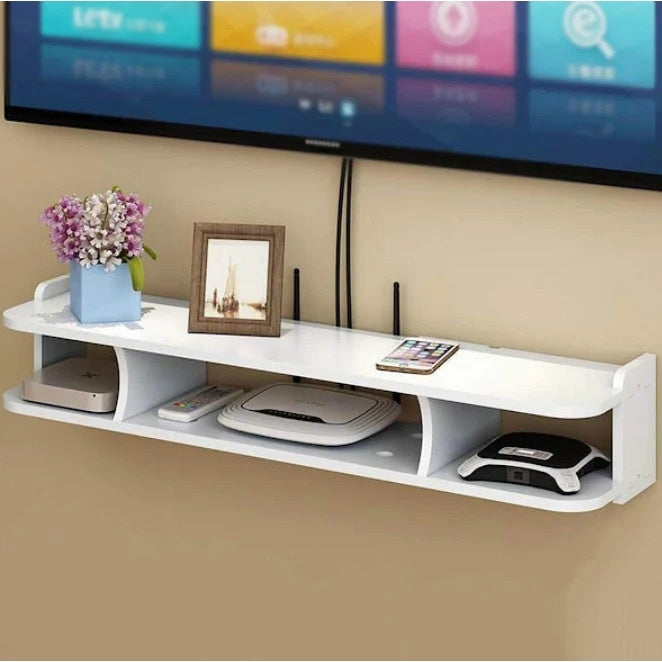 Suport pentru router si accesorii, dimensiuni 60 x 20 cm, cu 3 compartimente, montare pe perete, din PVC, finisaj mat, alb