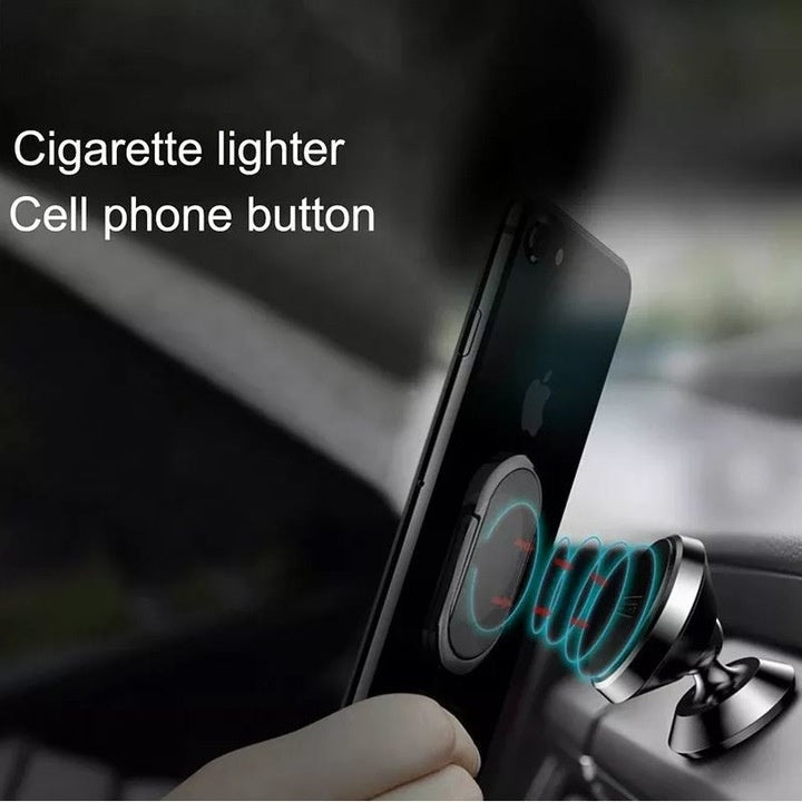 Suport pentru telefon tip inel, autoadeziv, cu magnet si bricheta pentru fumatori, cu incarcare USB, negru