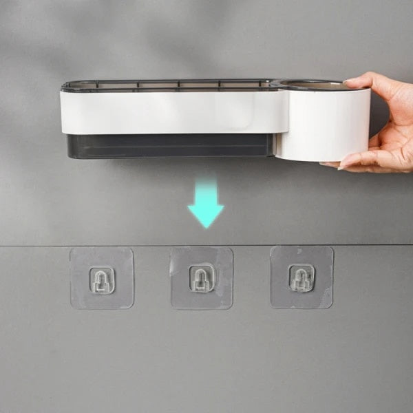 Suport pentru uscatorul de par, autoadeziv, dimensiuni 30.5 x 9.6 x 7 cm, din plastic, greutate maxima suportata, 5 kg, alb