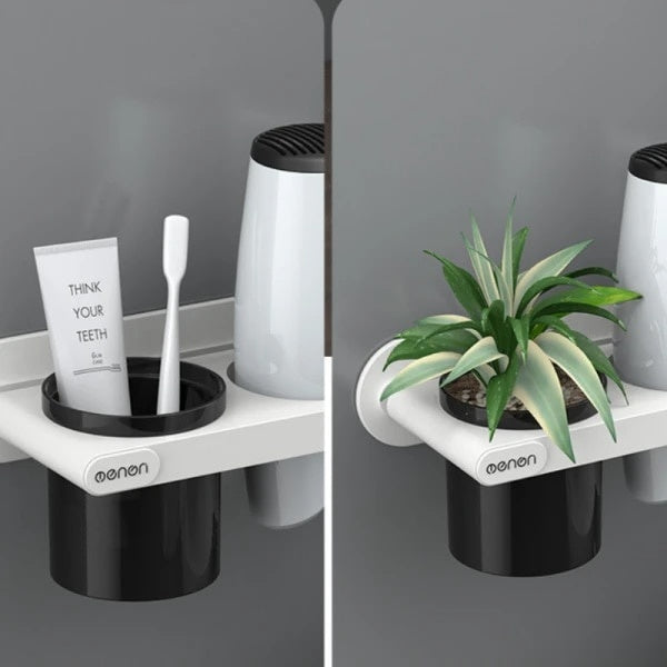 Suport pentru uscatorul de par, autoadeziv, pahar pentru articole baie, din ABS, dimensiuni 23 x 13 x 9 cm, alb